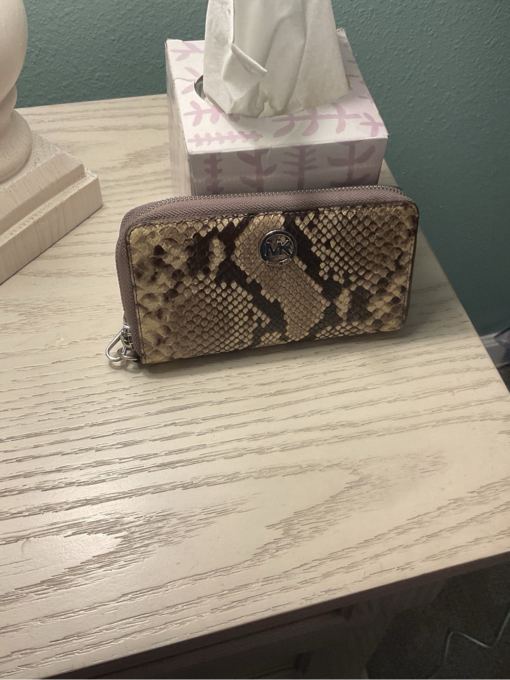 Michael Kors Brown Snake-Print Zip Wallet with Silver Hardware